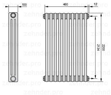 Схема (чертеж) Радиатор Zehnder Charleston 3220/10 №7610 Белый глянцевый RAL 9016